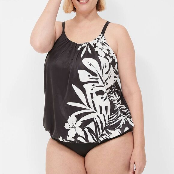 Lane Bryant No-Wire Blouson Tankini Top Black Floral Built In Bra Swim Size 28 - Picture 2 of 8